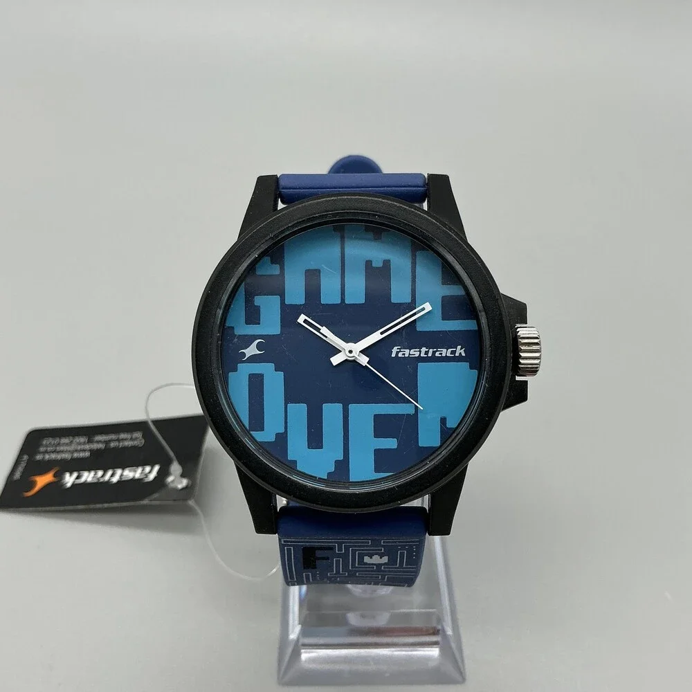 Fastrack Mens Watch 46mm Game Over Blue Dial Black Case Silicone 68012PP02